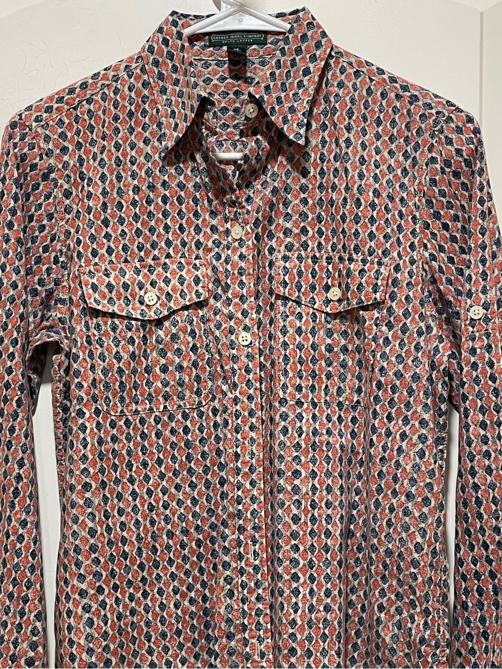 Ralph Lauren Red White & Blue Western Preppy Festival Sz XS Roll Tab Sleeves